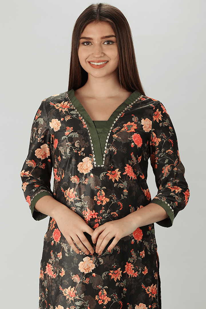 Dark Charcoal Floral Winter Kurti