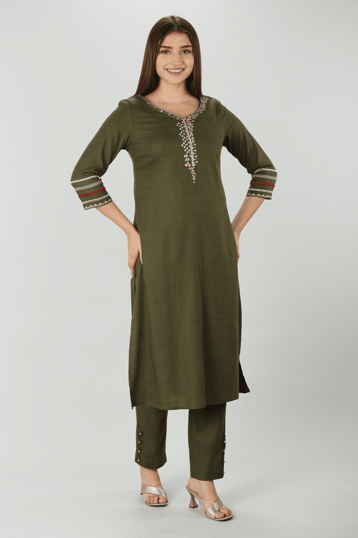 Olive Slub Embroidered Kurti