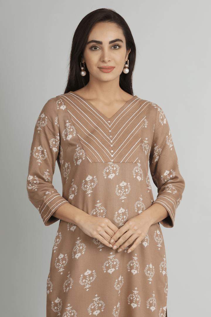 Beige Embroidered Straight Cut Kurti
