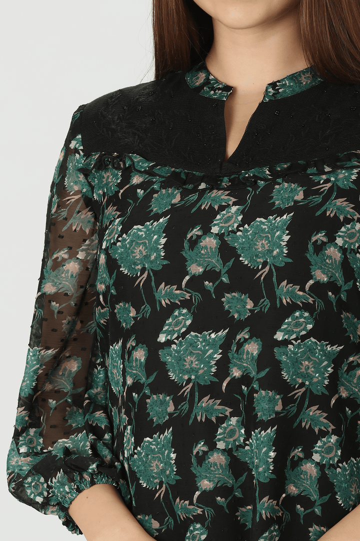 Green Embroidered and Floral Print Top