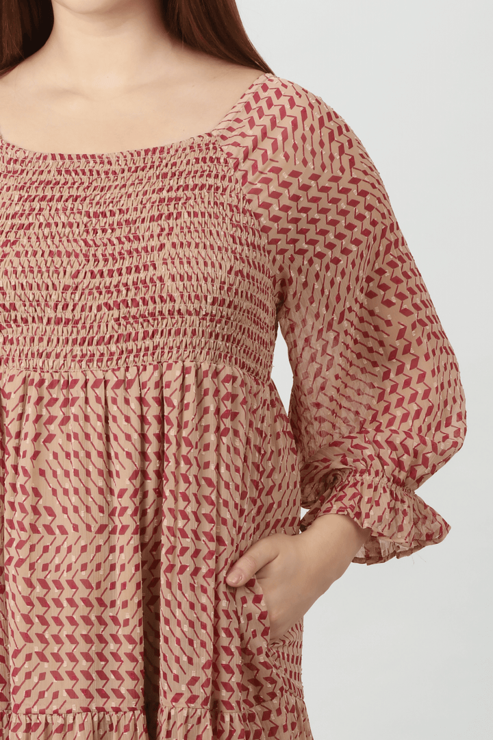 Peach Geometric printed Dress with Square Neck