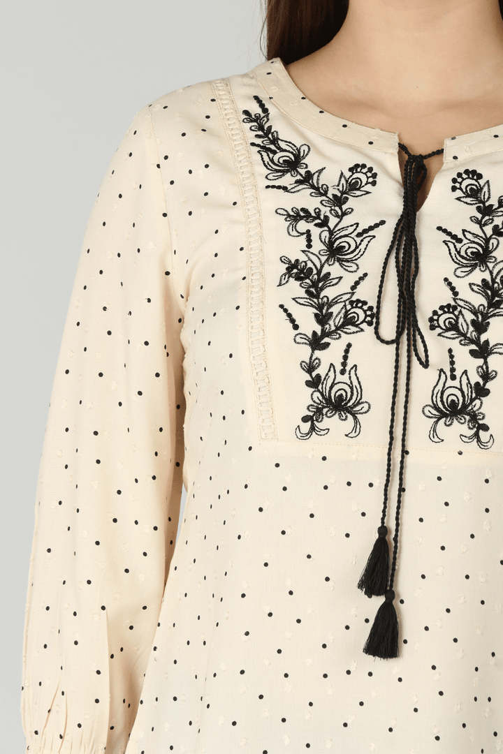 Off White Dobby Embroidered Top
