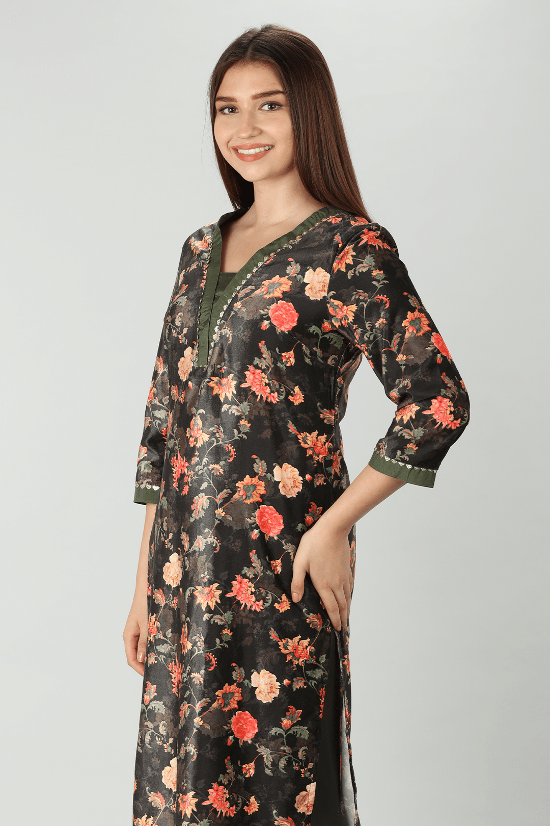 Dark Charcoal Floral Winter Kurti