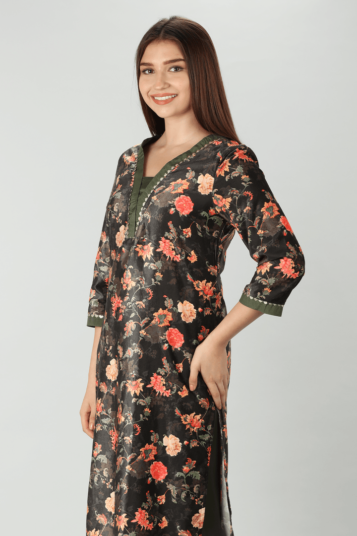 Dark Charcoal Floral Winter Kurti
