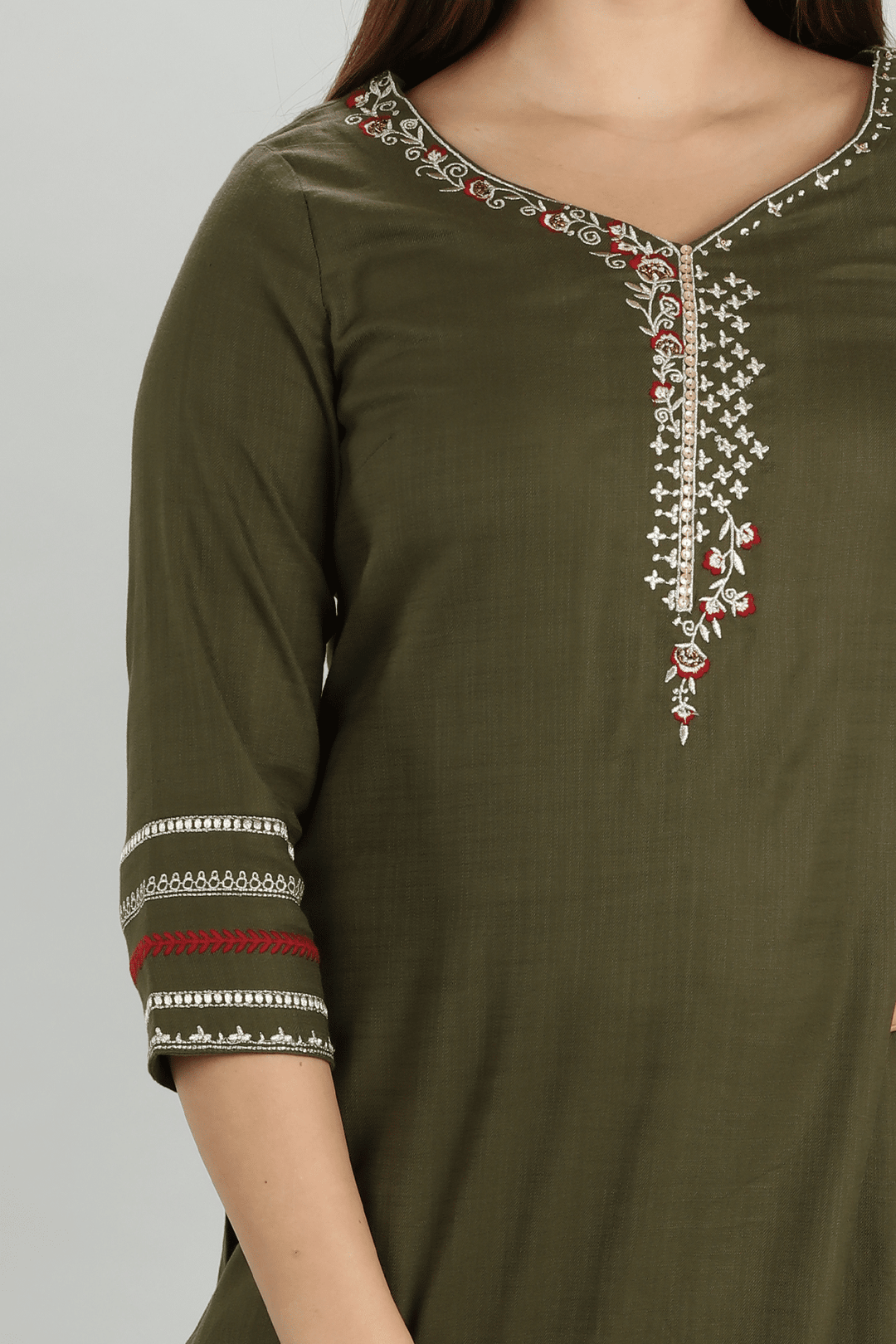 Olive Slub Embroidered Kurti