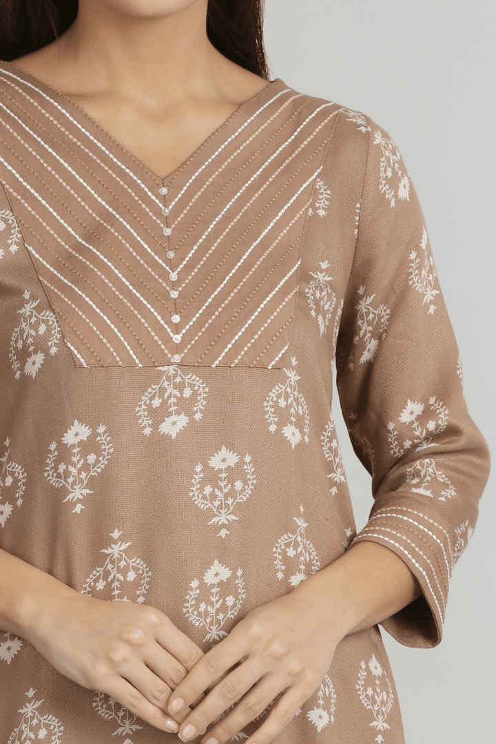 Beige Embroidered Straight Cut Kurti