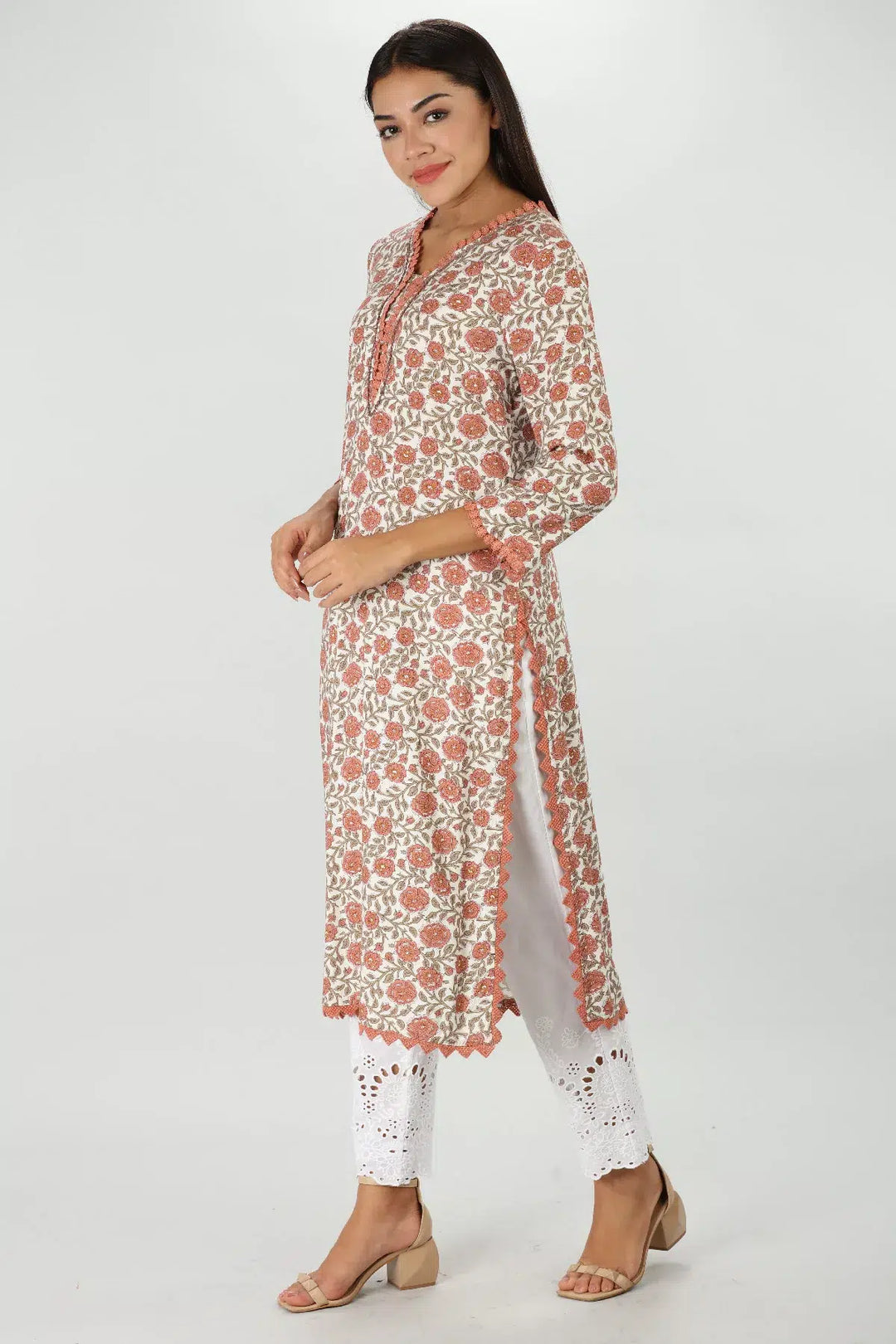 Orange Floral Print Rayon Kurti