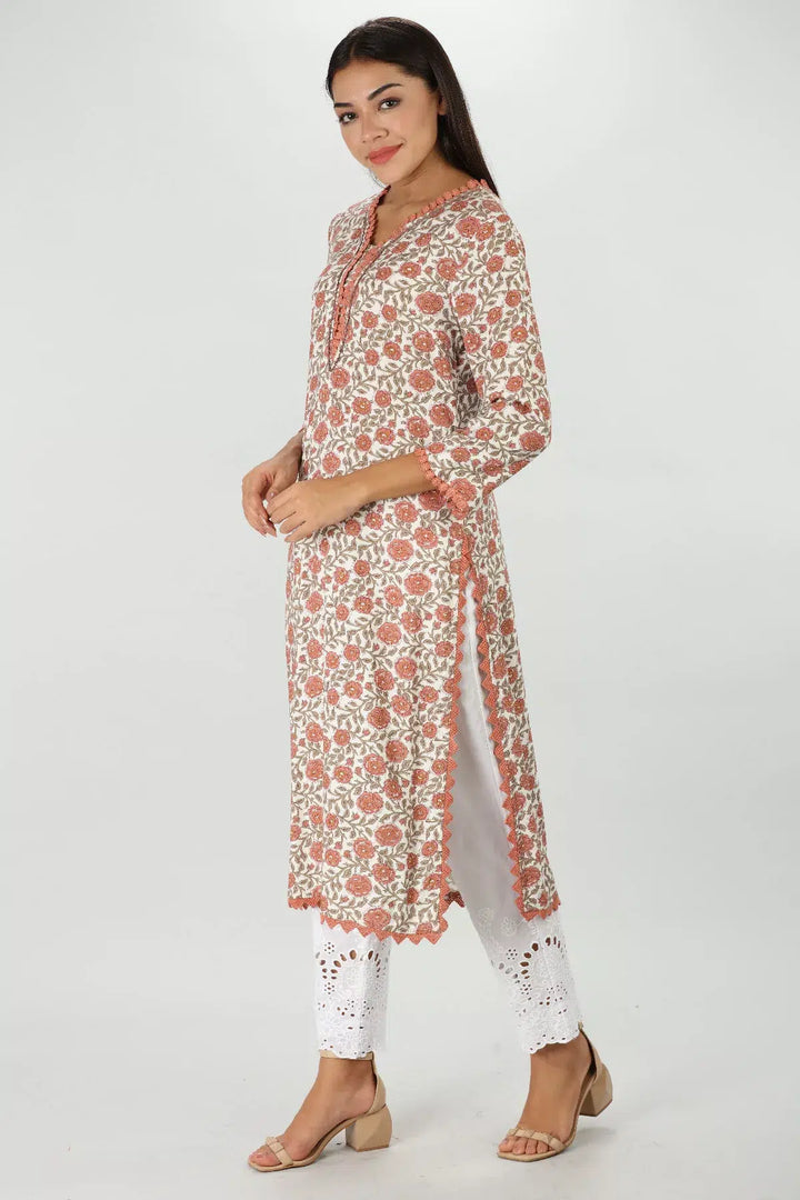 Orange Floral Print Rayon Kurti
