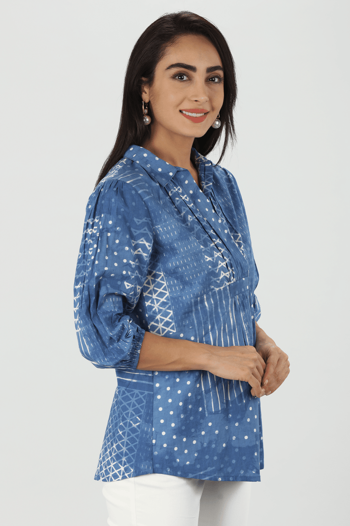 Blue Cotton Block Print Top