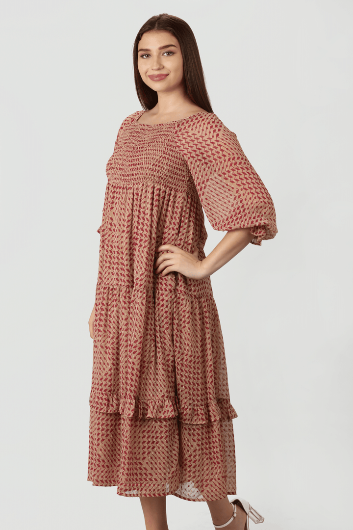 Peach Geometric printed Dress with Square Neck