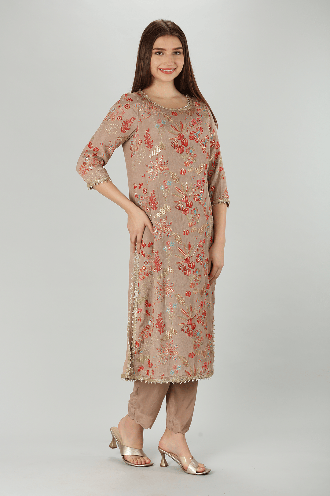 Beige Embellished Kurti