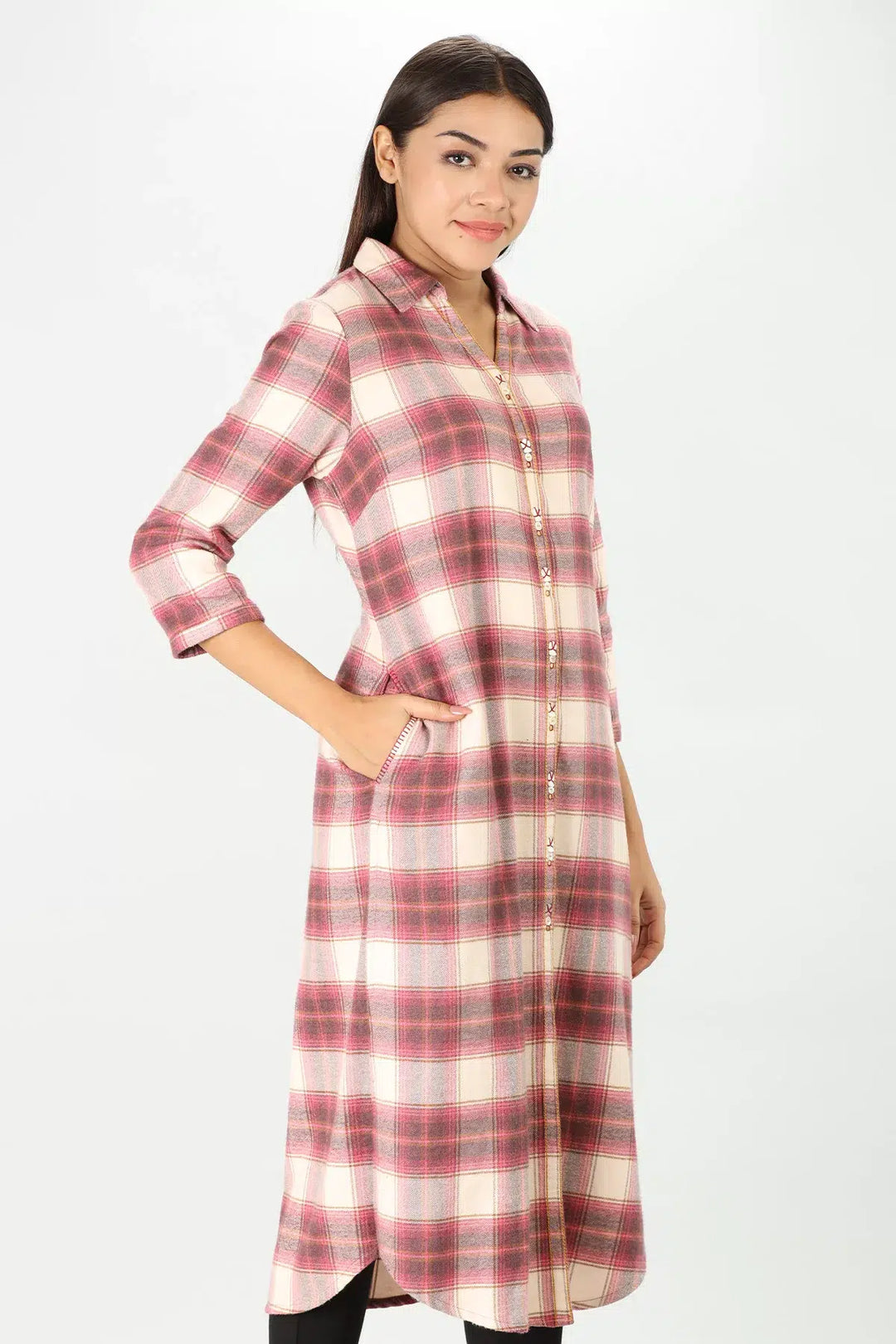 Cream Winter Checkered Kurti