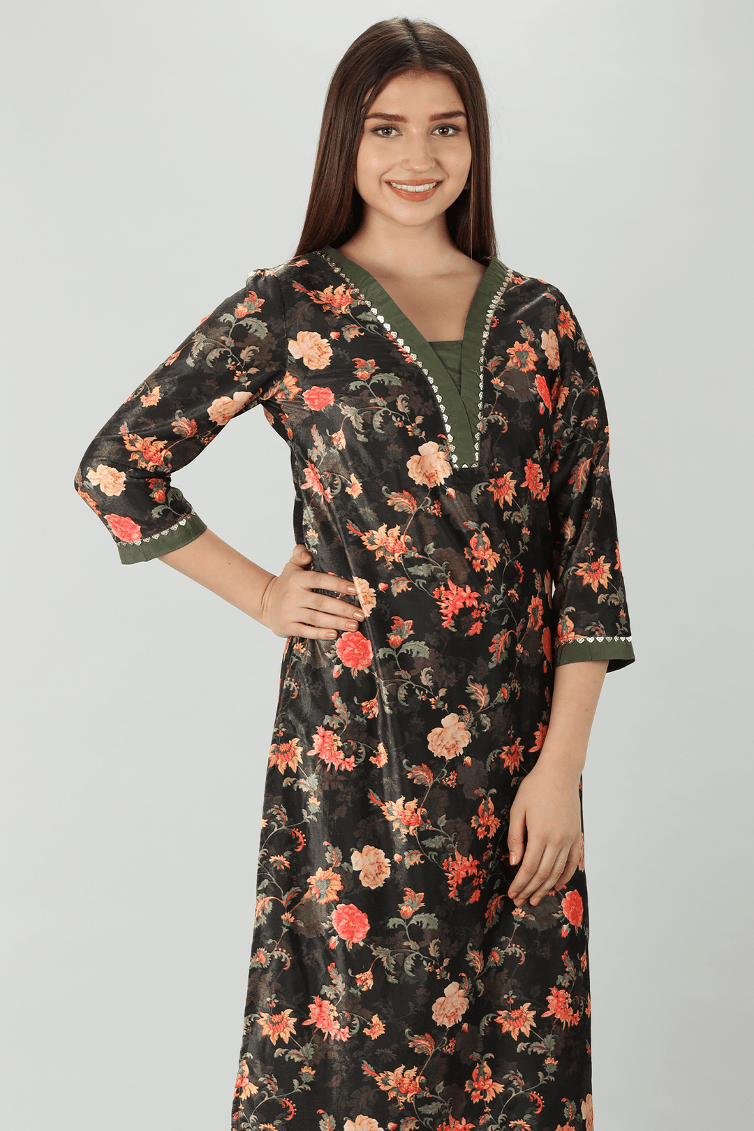 Dark Charcoal Floral Winter Kurti