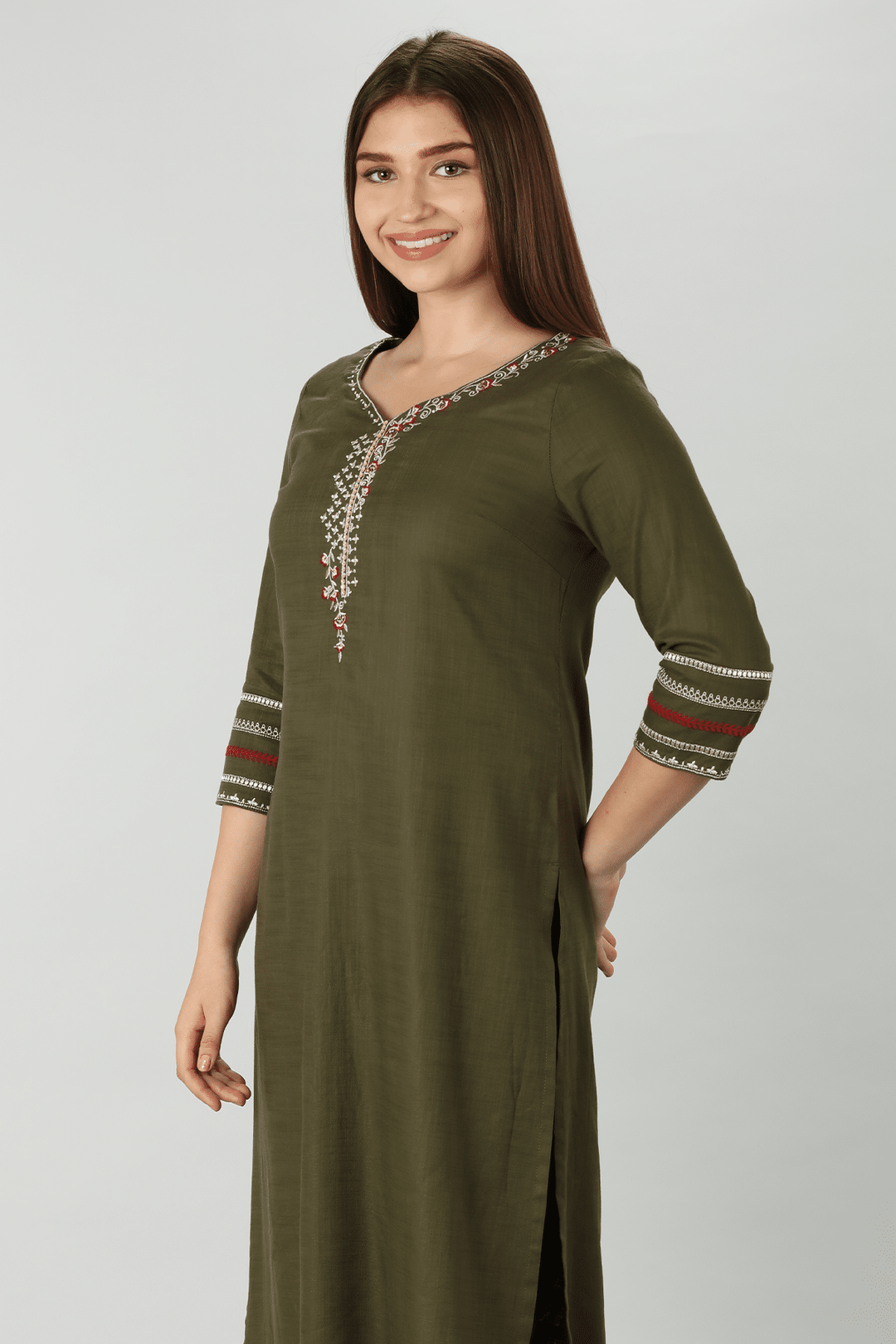 Olive Slub Embroidered Kurti