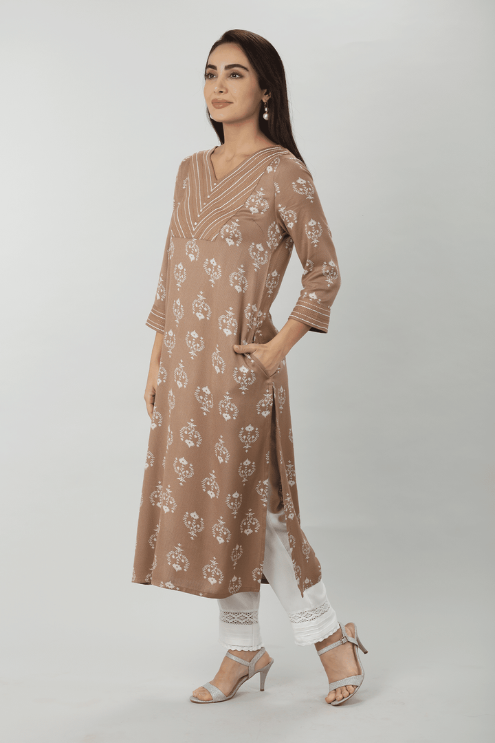 Beige Embroidered Straight Cut Kurti