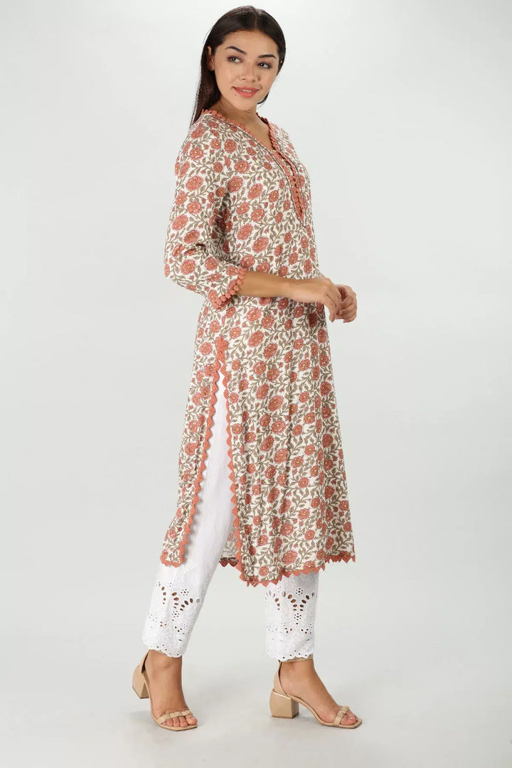 Orange Floral Print Rayon Kurti