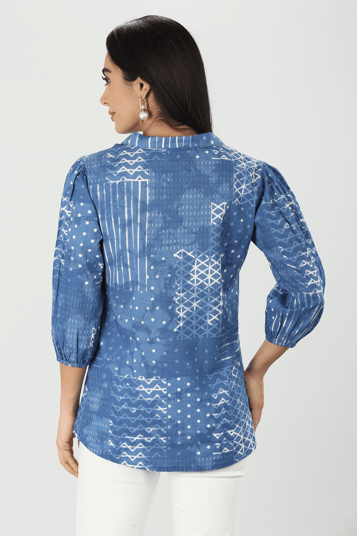 Blue Cotton Block Print Top