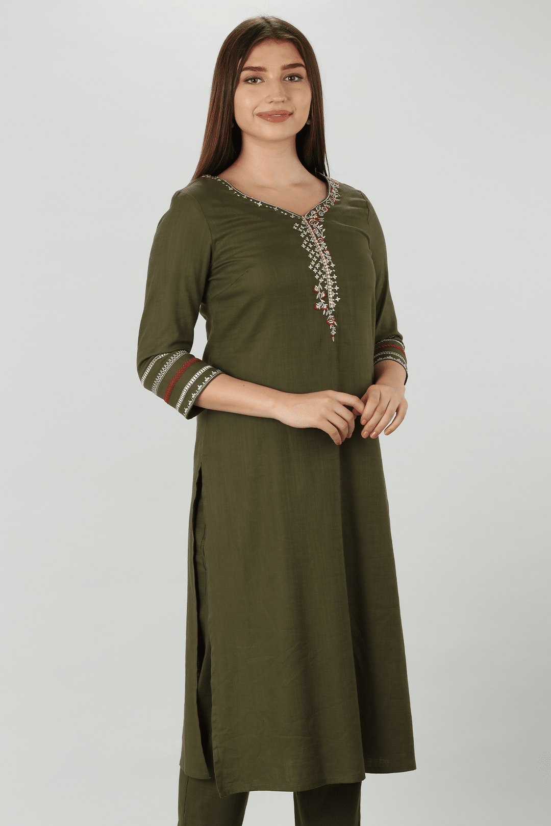 Olive Slub Embroidered Kurti
