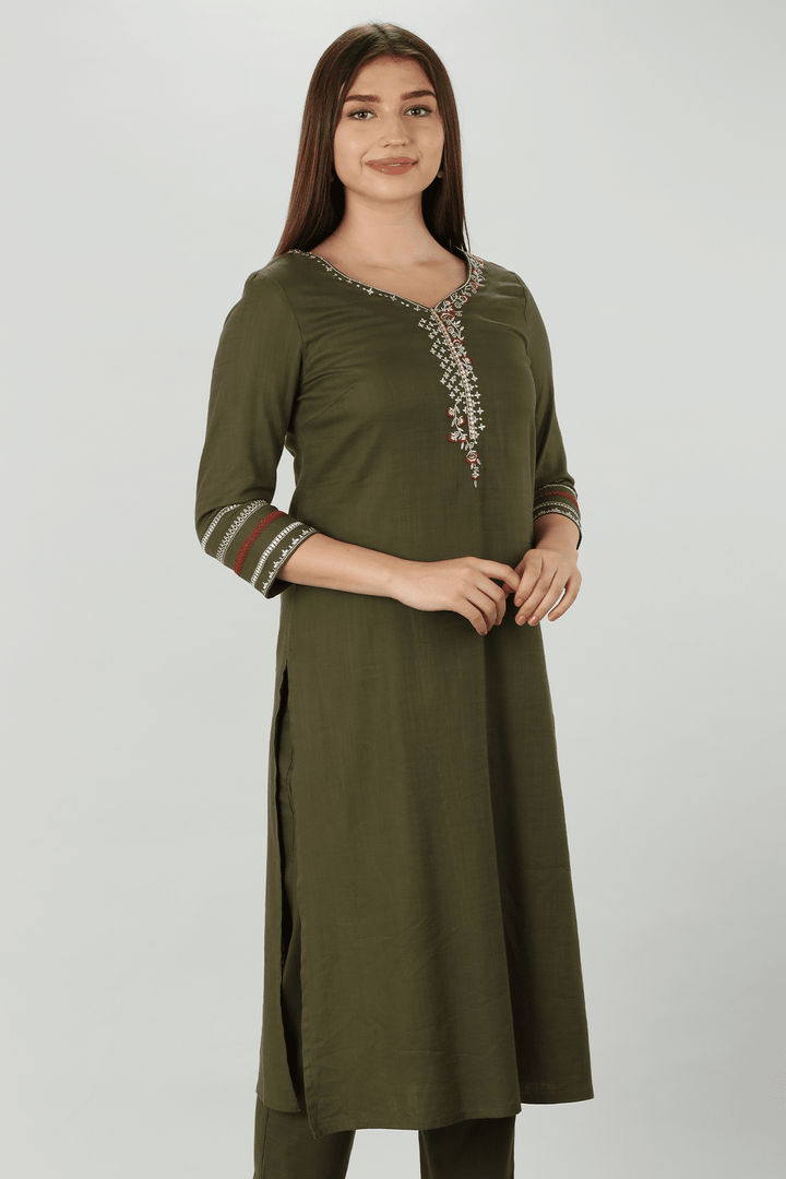 Olive Slub Embroidered Kurti