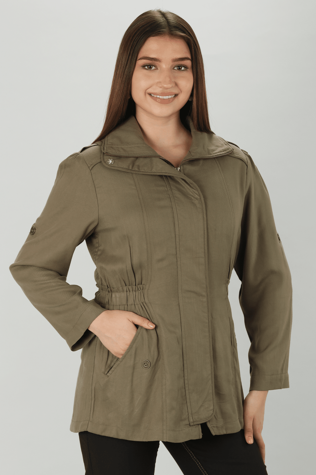 Olive Green Solid Winter Jacket