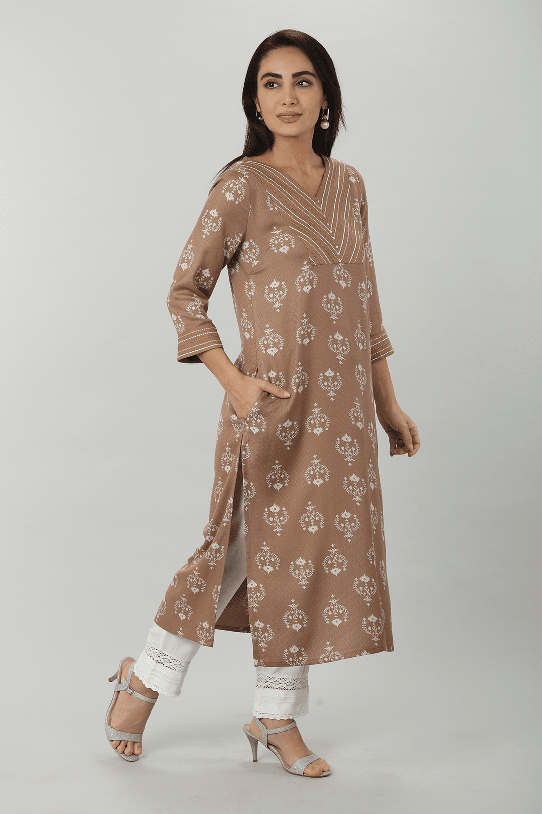 Beige Embroidered Straight Cut Kurti