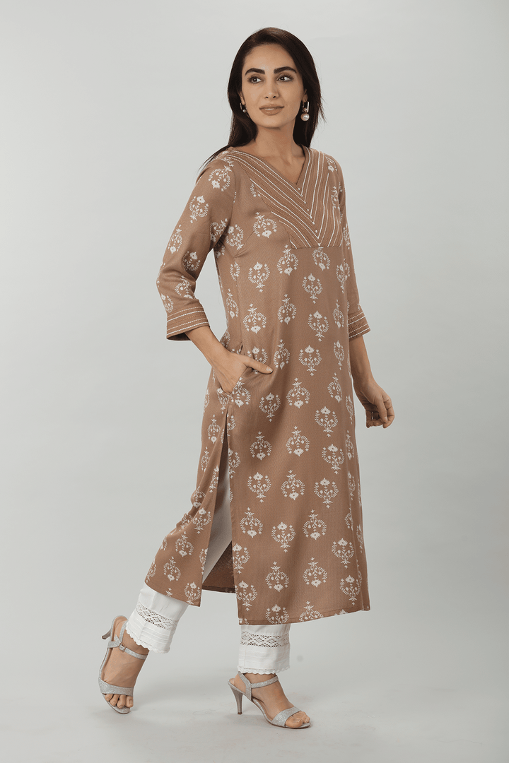 Beige Embroidered Straight Cut Kurti