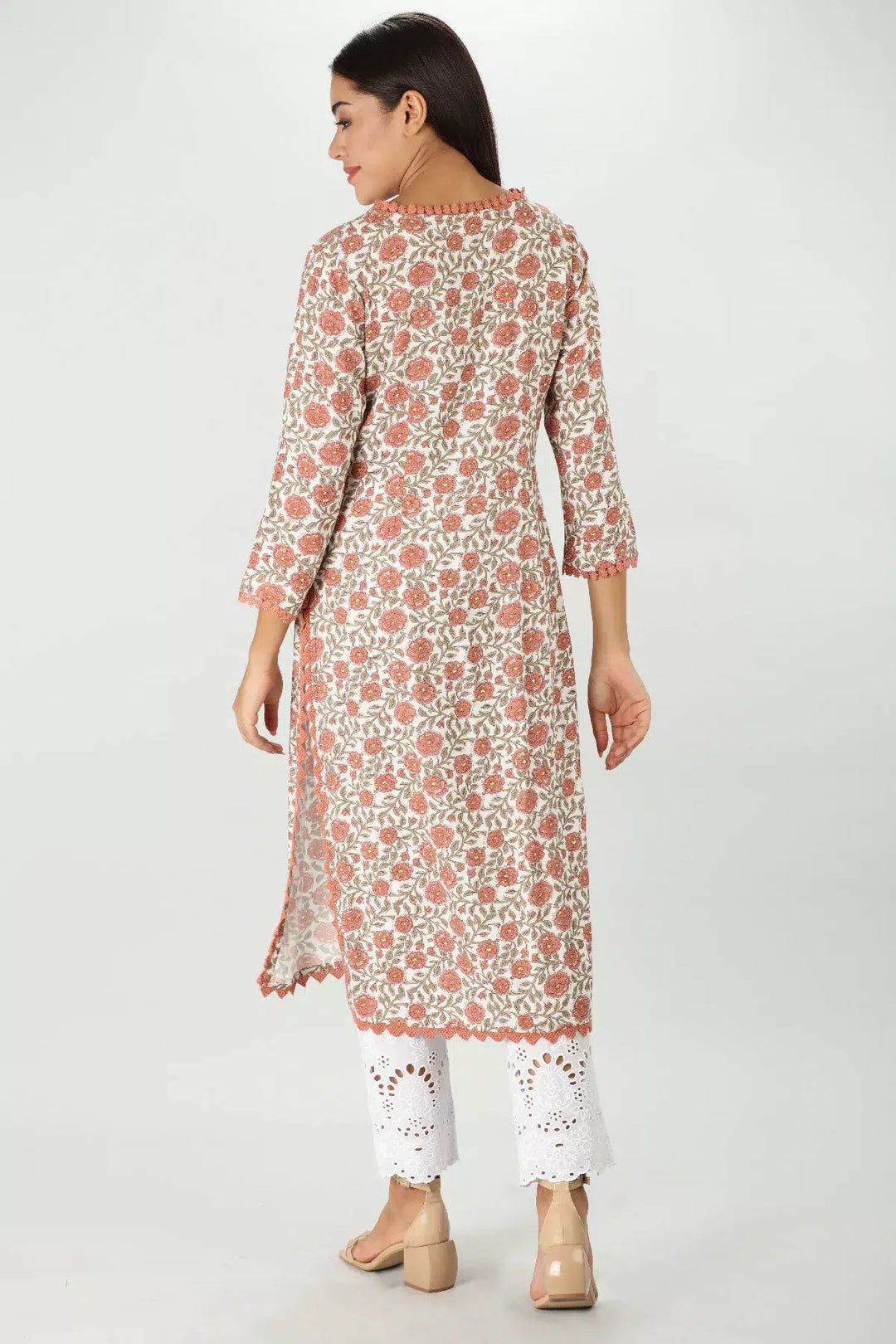 Orange Floral Print Rayon Kurti