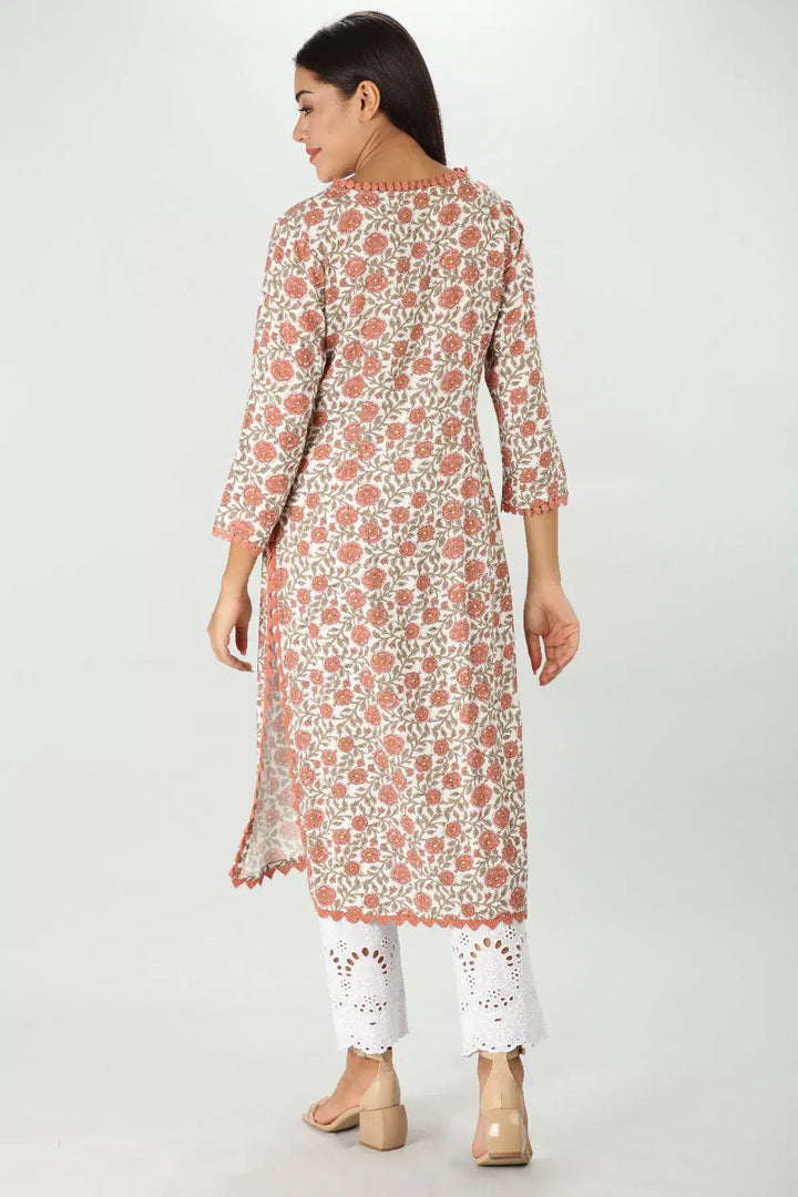 Orange Floral Print Rayon Kurti