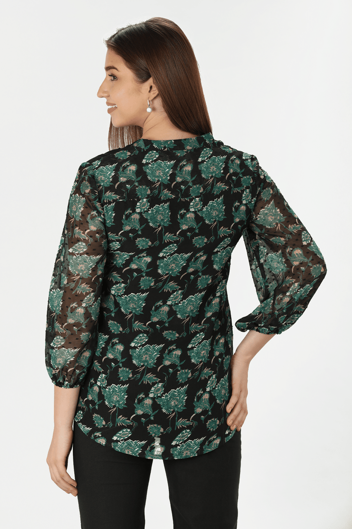 Green Embroidered and Floral Print Top