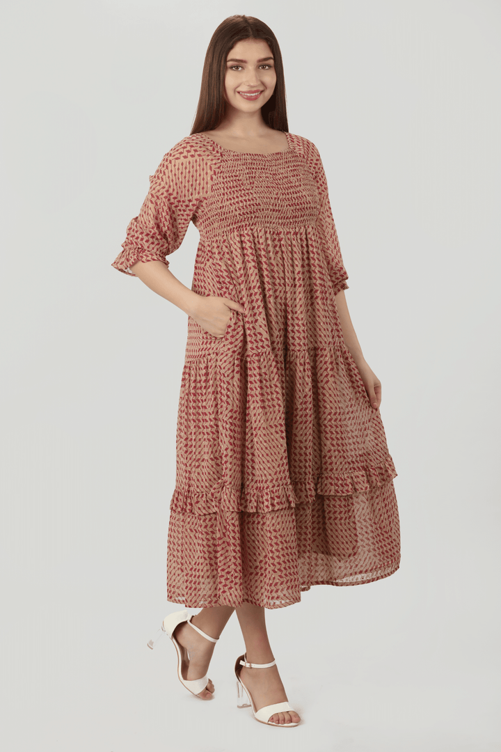 Peach Geometric printed Dress with Square Neck