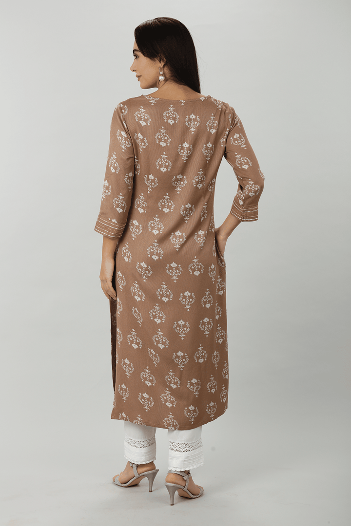 Beige Embroidered Straight Cut Kurti