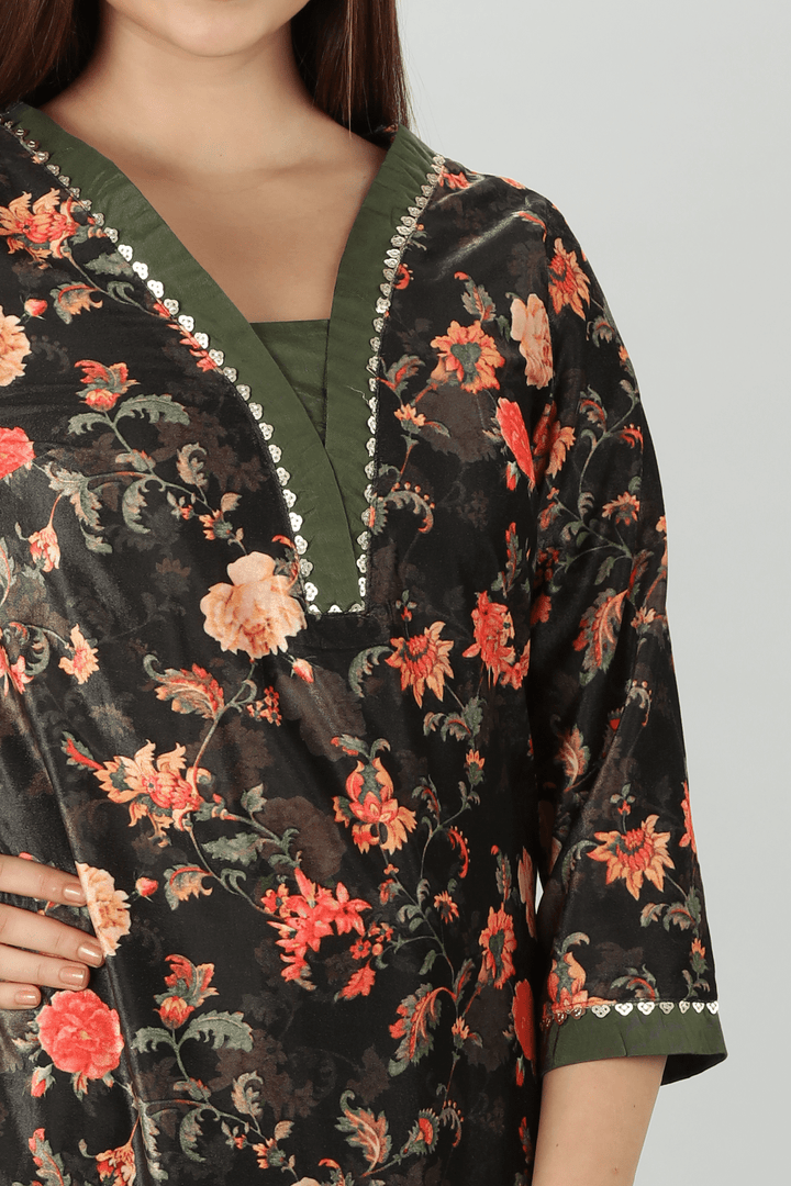 Dark Charcoal Floral Winter Kurti