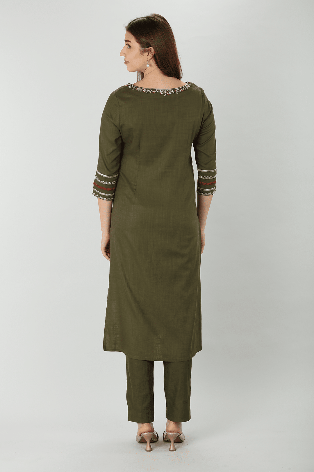 Olive Slub Embroidered Kurti