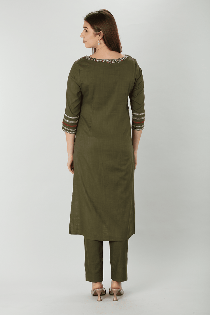 Olive Slub Embroidered Kurti