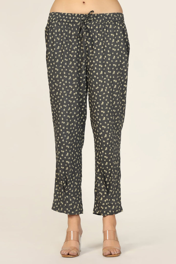 Dark Grey Printed Rayon Co-Ord Pants