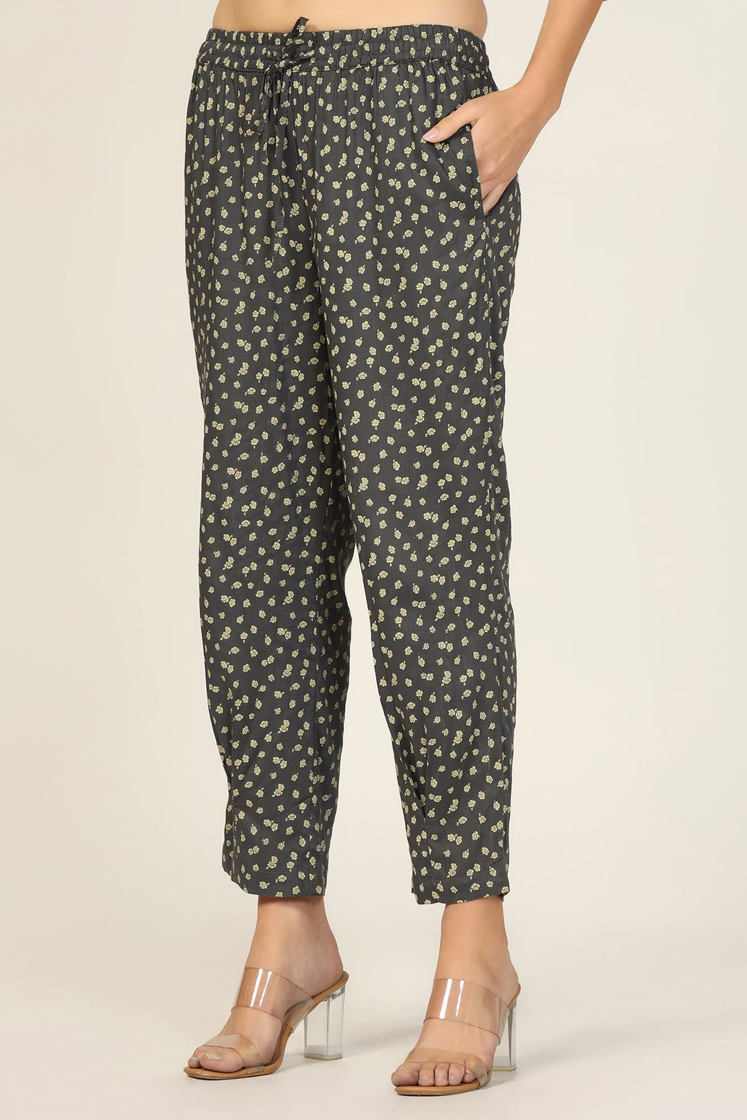 Dark Grey Printed Rayon Co-Ord Pants