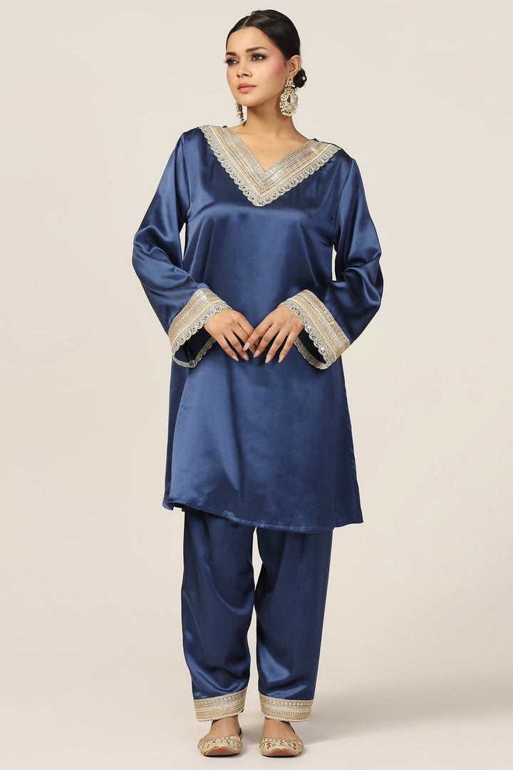 Blue Embellished V-Neck Ensemble Kurti