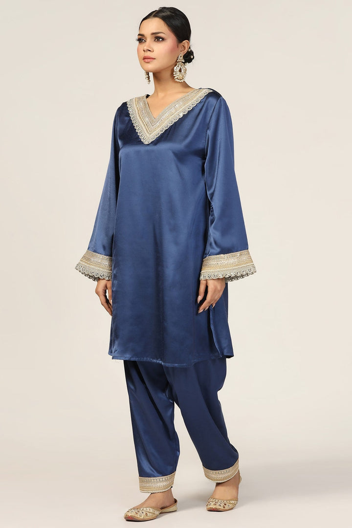 Blue Embellished V-Neck Ensemble Kurti