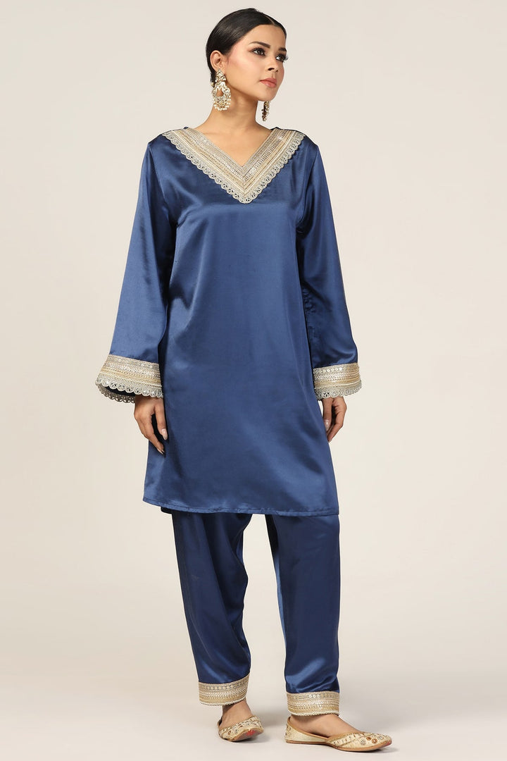 Blue Embellished V-Neck Ensemble Kurti