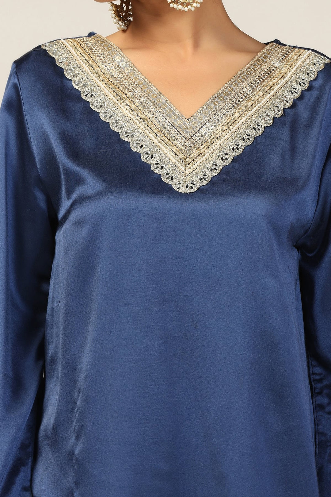 Blue Embellished V-Neck Ensemble Kurti