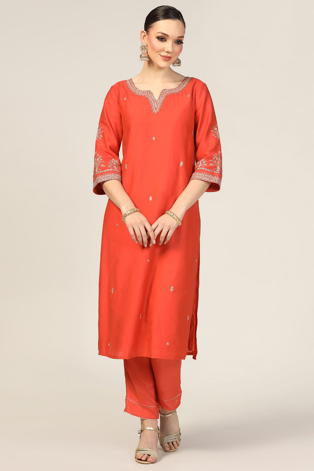 Orange Chanderi Embroidered Kurti