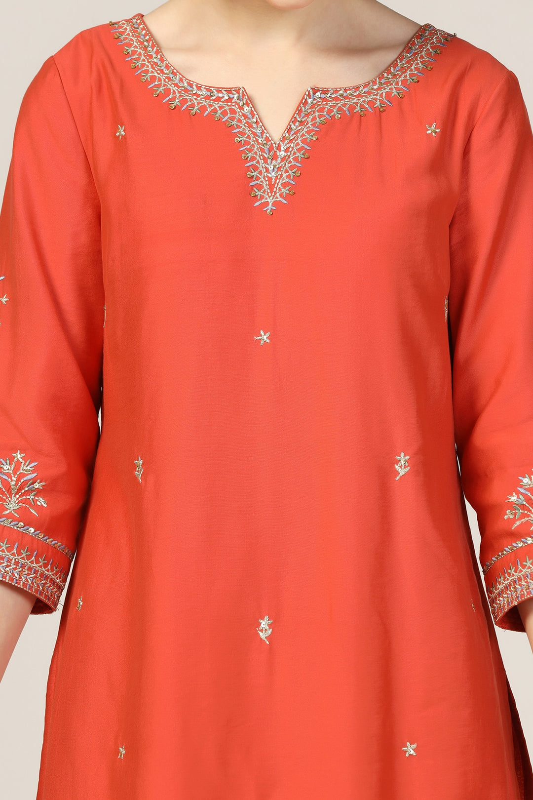 Orange Chanderi Embroidered Kurti