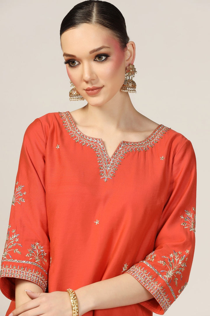Orange Chanderi Embroidered Kurti