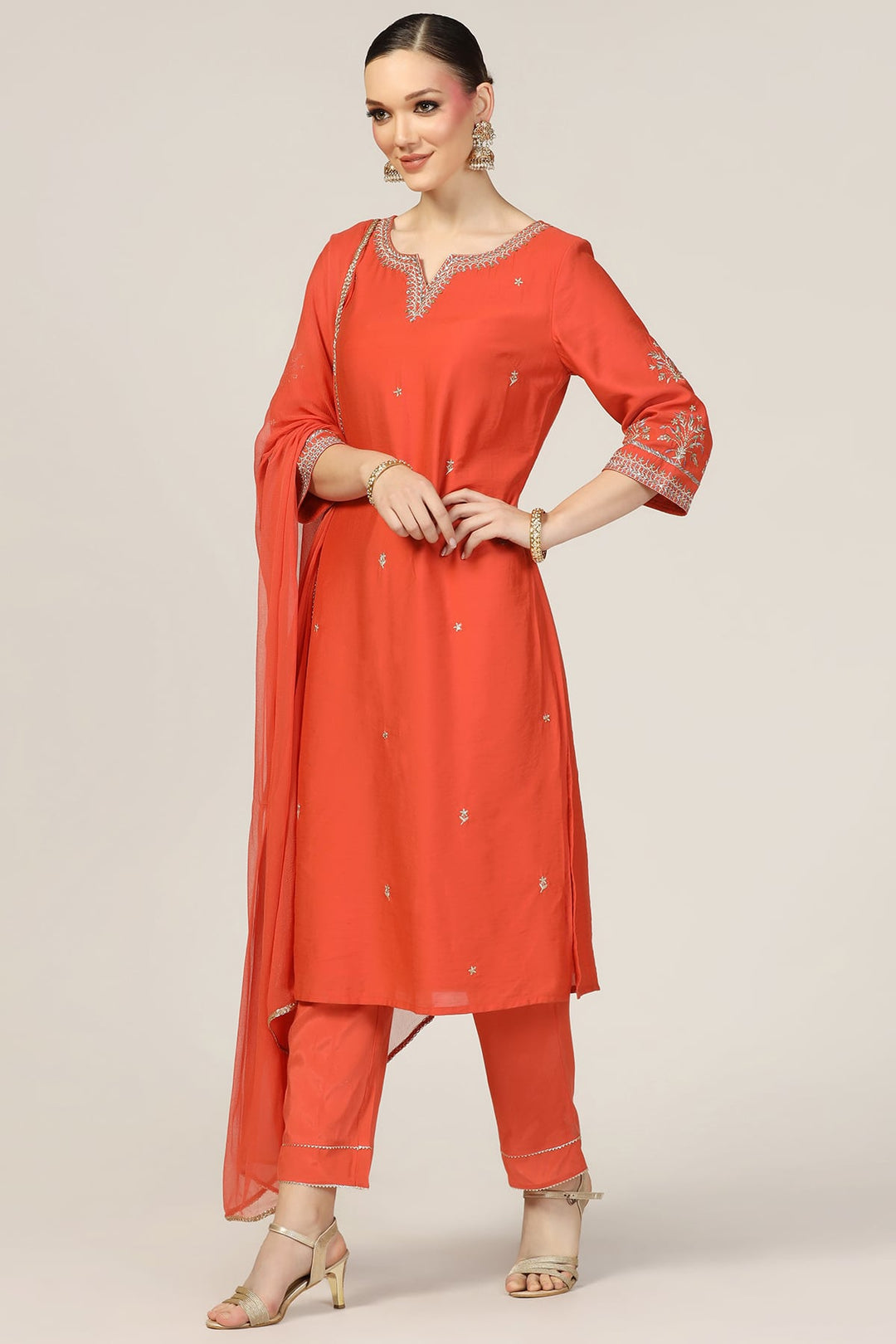 Orange Chanderi Embroidered Kurti