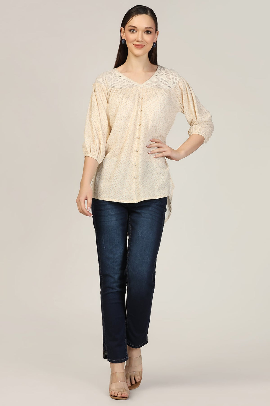 Off White Printed Rayon Crepe Casual Top