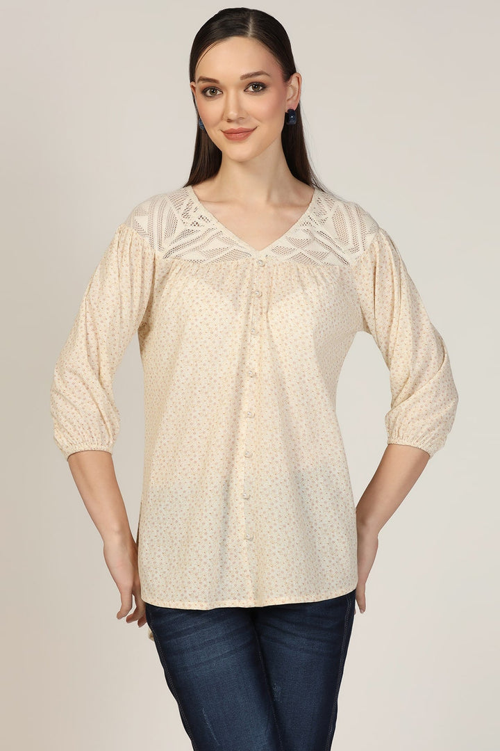 Off White Printed Rayon Crepe Casual Top