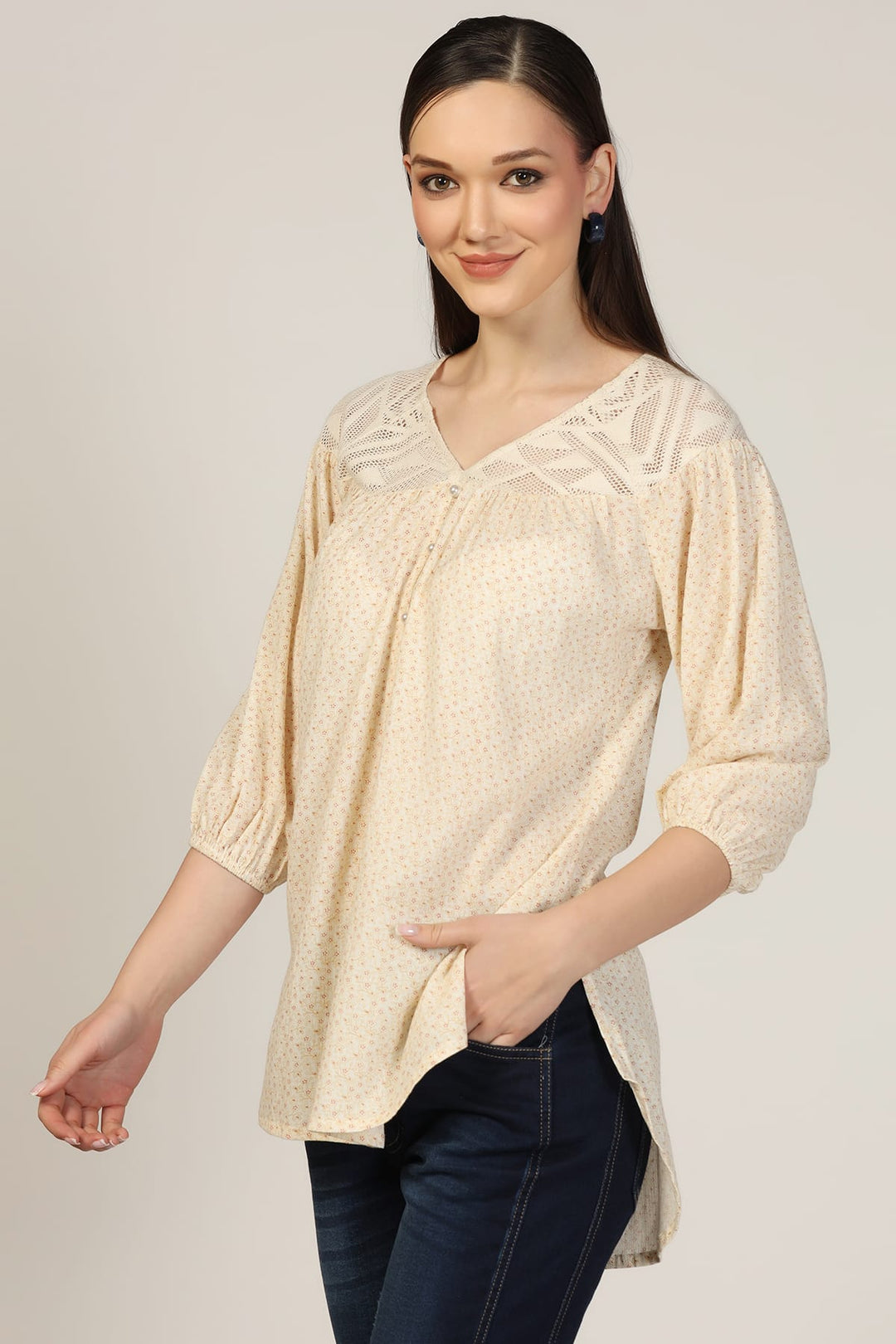 Off White Printed Rayon Crepe Casual Top