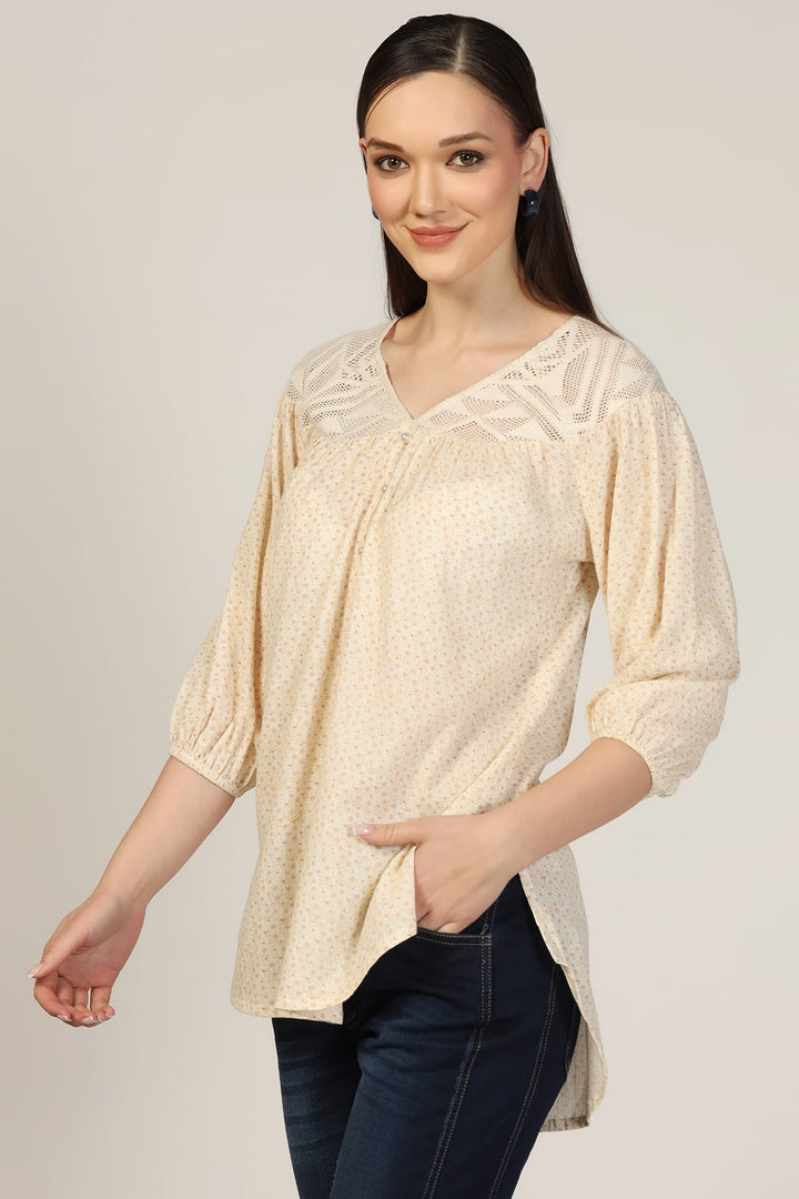 Off White Printed Rayon Crepe Casual Top
