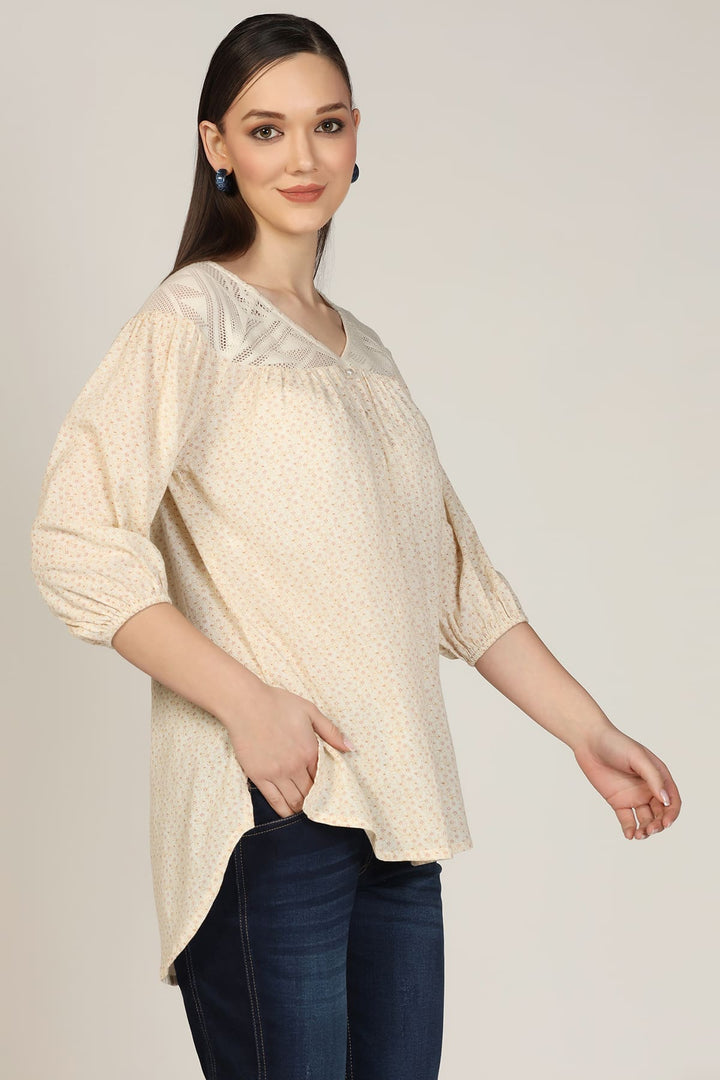 Off White Printed Rayon Crepe Casual Top