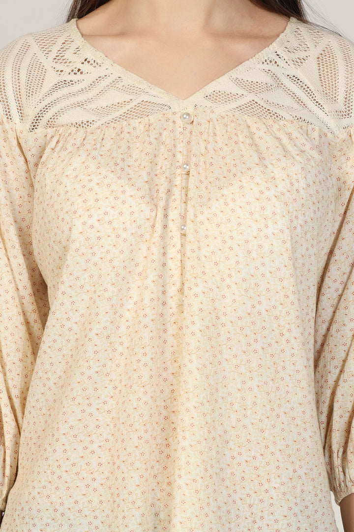 Off White Printed Rayon Crepe Casual Top